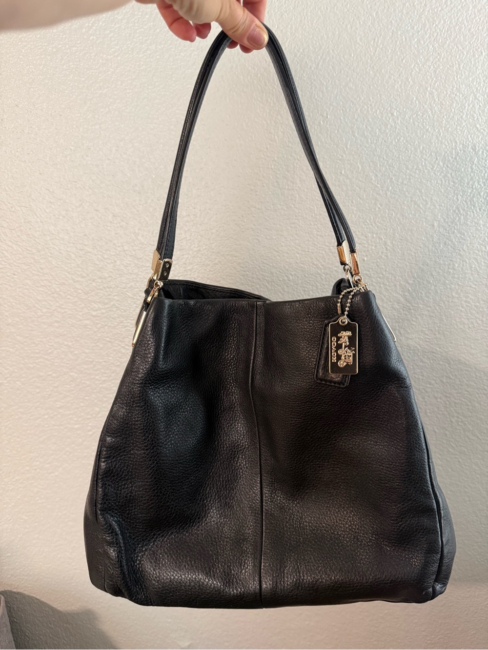 Coach Black Pebbled Leather Shoulder Bag with Gold Tag and matching wallet